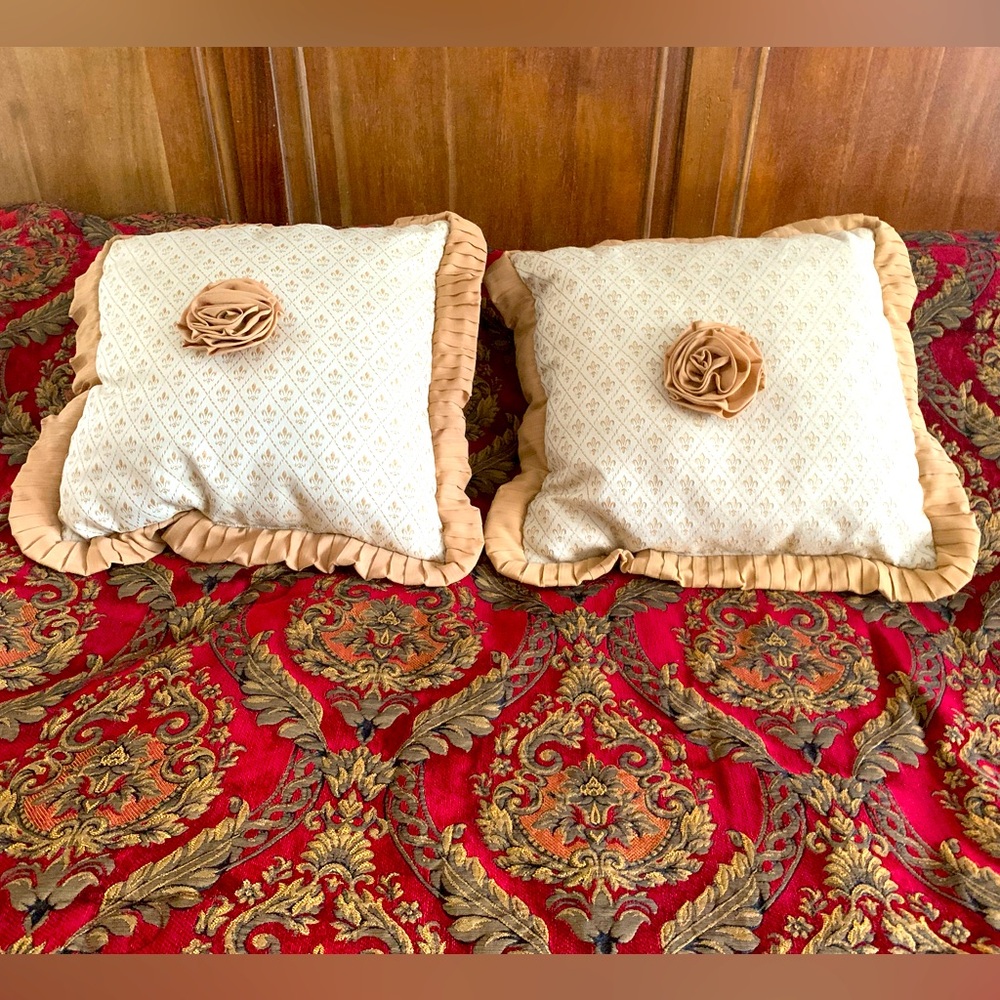 2 Decorative Pillows: Front Gold Pattern w/3D Rose, Beige Velour Back, 19x19 in
